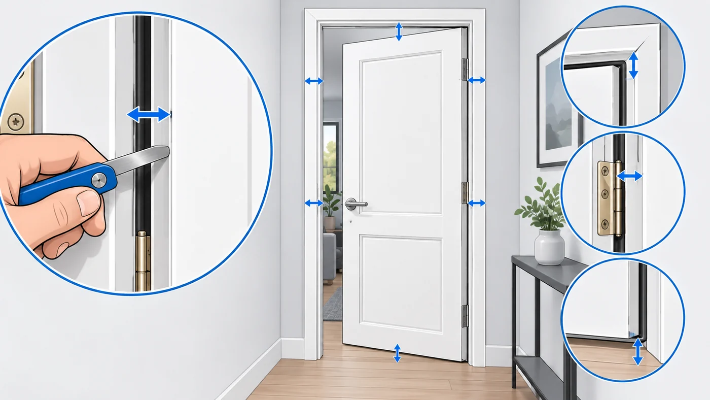 Проверка равномерности зазора между полотном и коробкой с помощью щупа