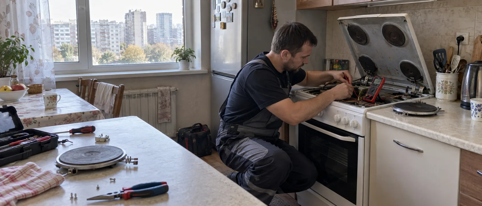 Мастер мультиметром проверяет цепь конфорки электроплиты, рядом лежат запасные ТЭНы