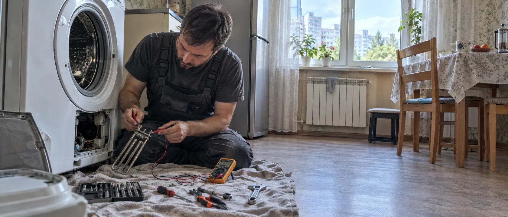 Мастер меняет нагревательный элемент в стиральной машине, проверив сопротивление мультиметром