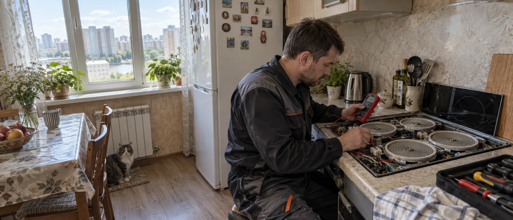 Мастер прозванивает конфорку мультиметром на стеклокерамической панели, проверяя сопротивление нагревательного элемента