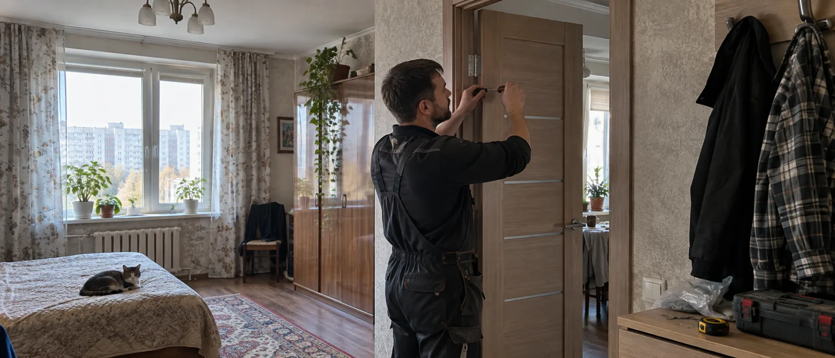 Мастер регулирует петли на межкомнатной двери, проверяя зазор по уровню