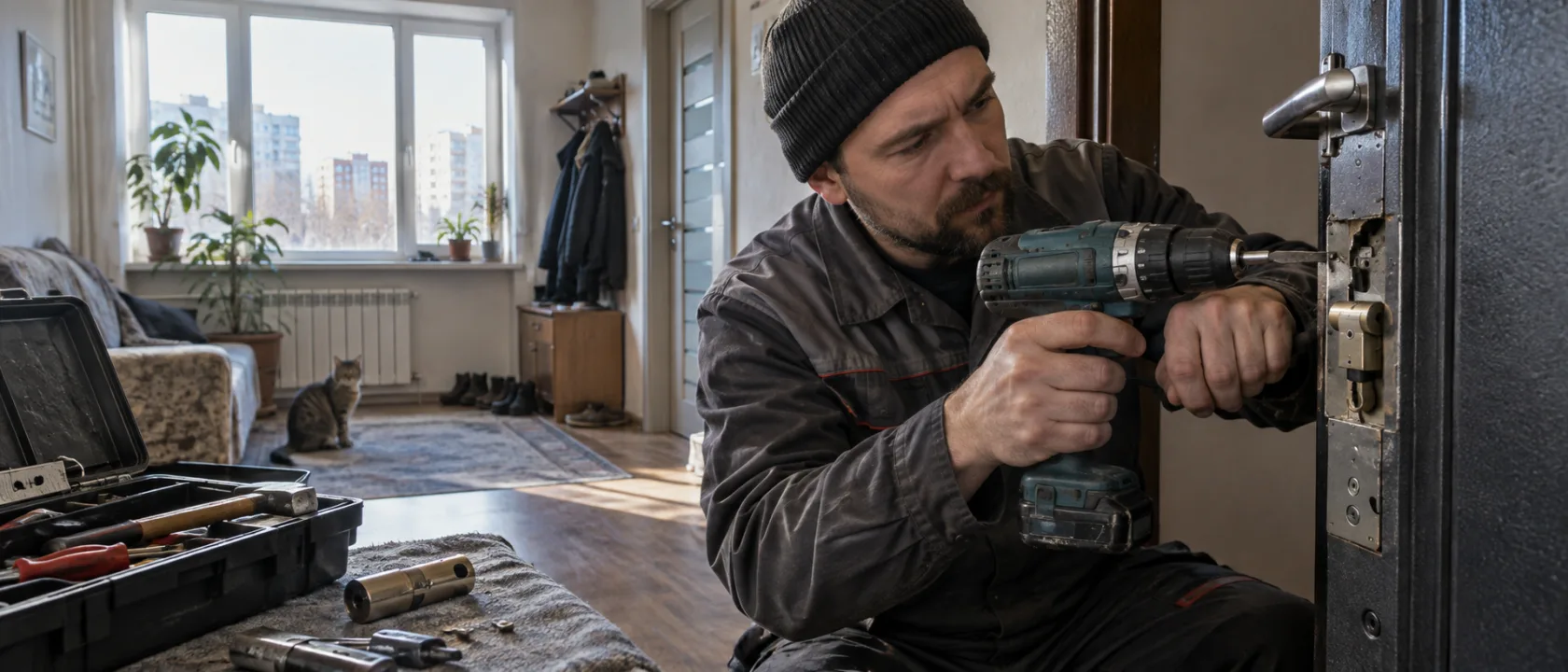 Мастер врезает новый цилиндровый замок в металлическую дверь, проверяя совпадение отверстий под винты