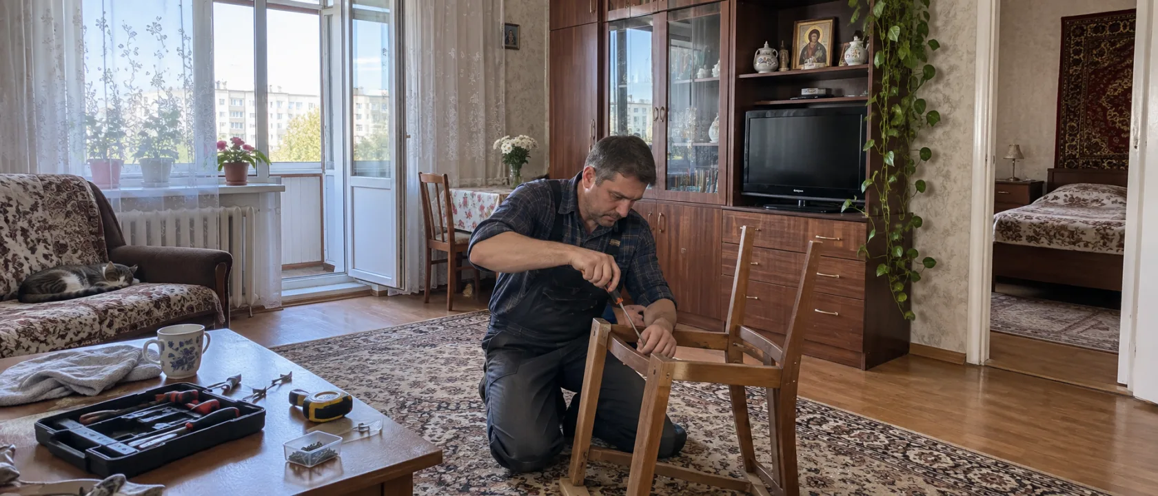 Мастер закрепляет новую обивочную ткань на сиденье кресла степлером, тщательно натягивая её по углам