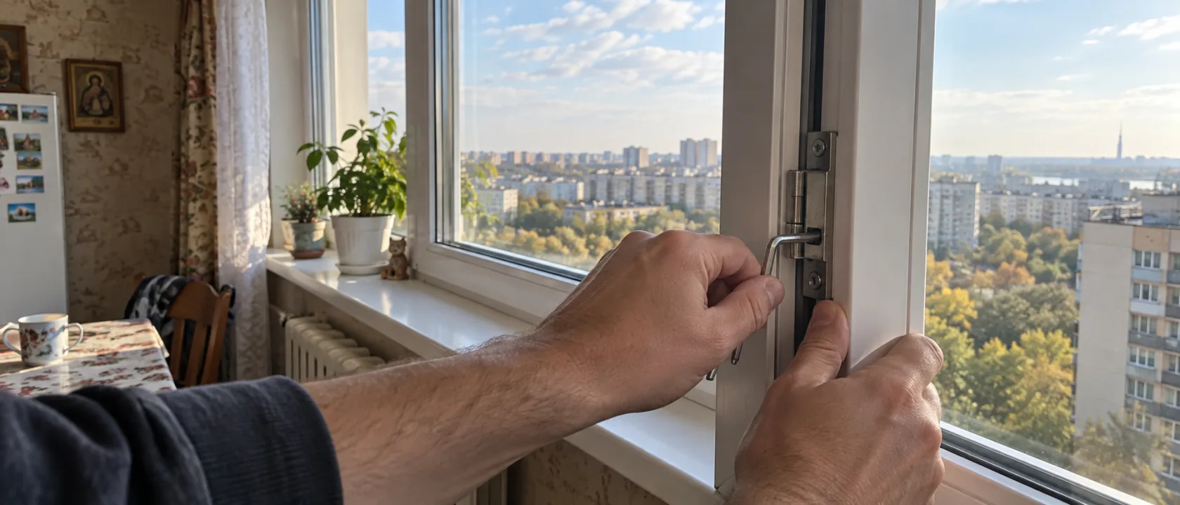 Мастер шестигранником регулирует прижим верхней петли пластикового окна