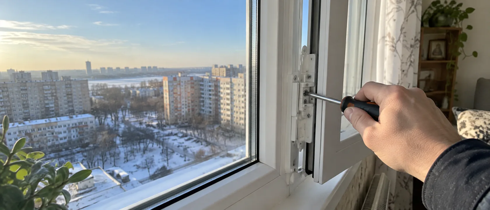 Мастер выставляет прижимную цапфу на створке пластикового окна, проверяя плавность хода ручки