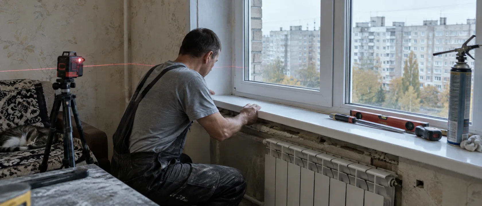 Мастер выставляет подоконник по лазерному уровню, проверяя горизонталь в трёх точках
