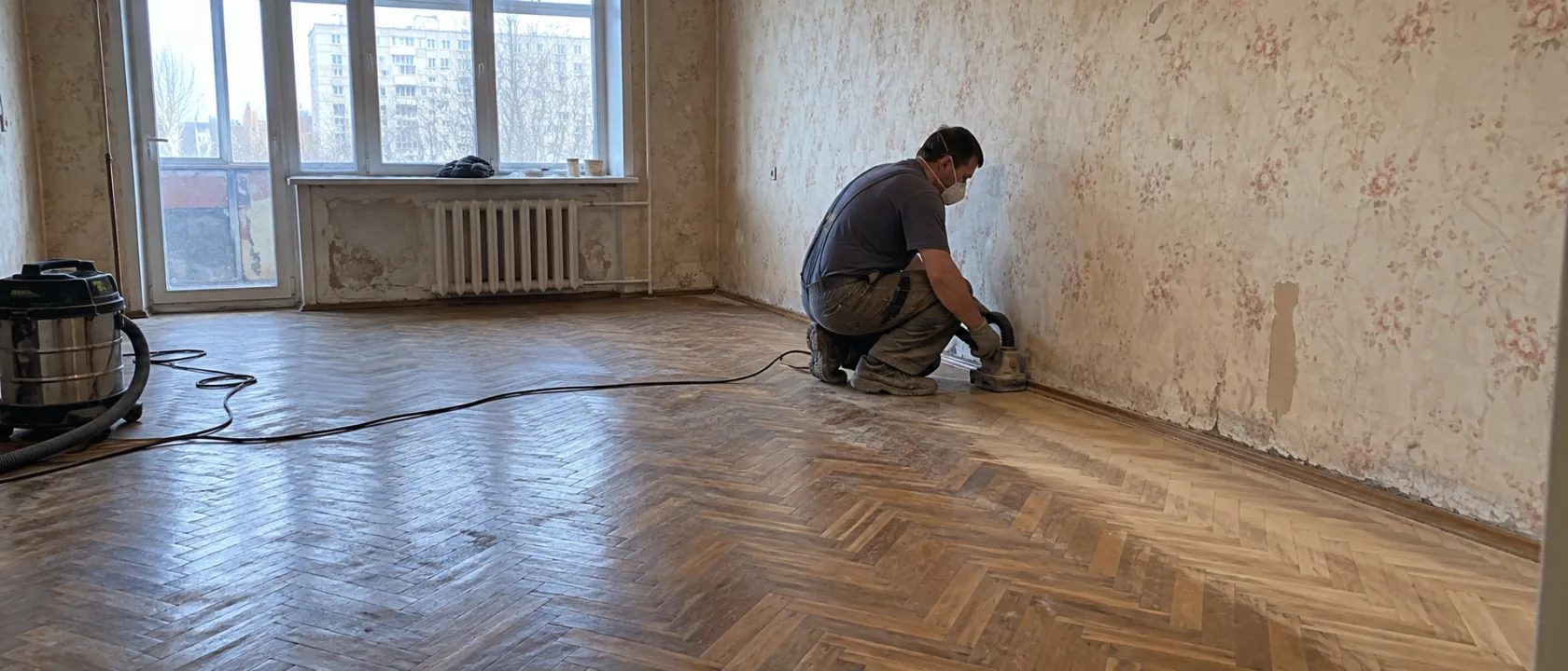 Мастер шлифует паркет угловой машинкой вдоль стены, сняв старый лак по краю