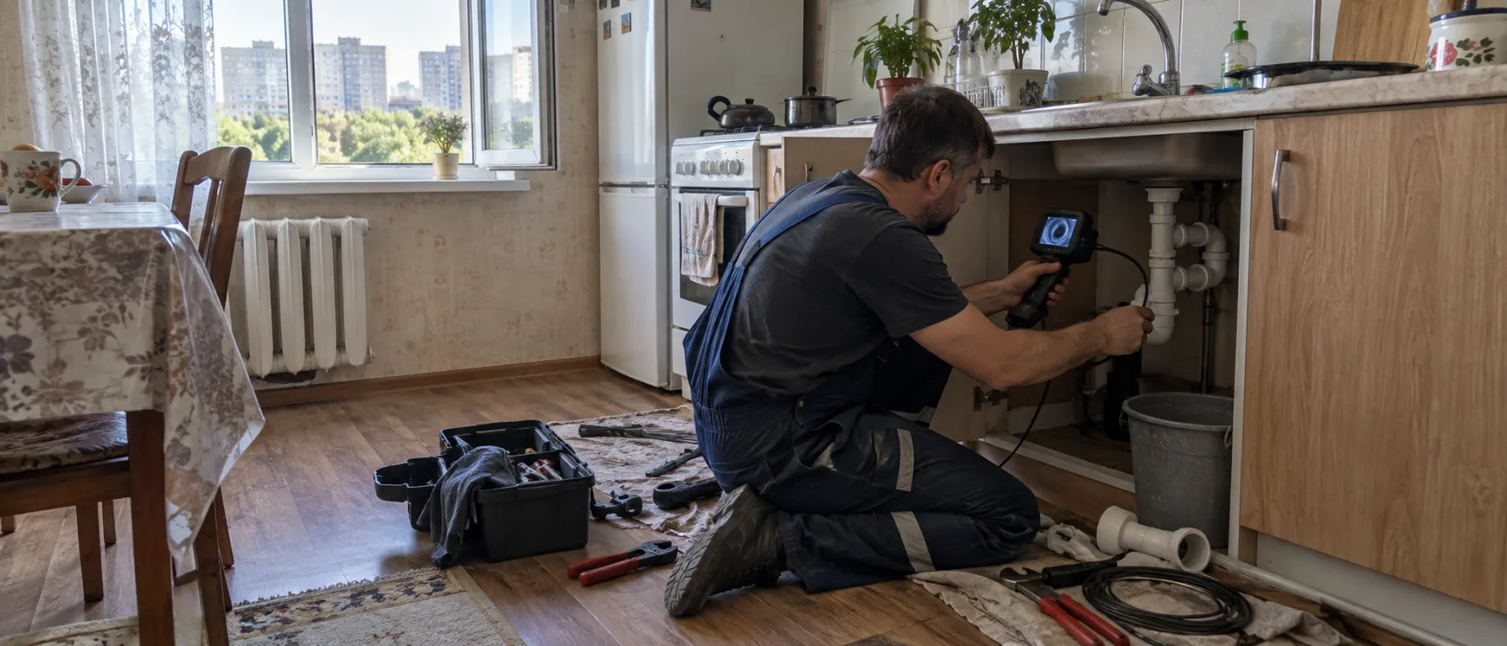 Мастер с инспекционной камерой осматривает трубу под раковиной в квартире, рядом разложен инструмент