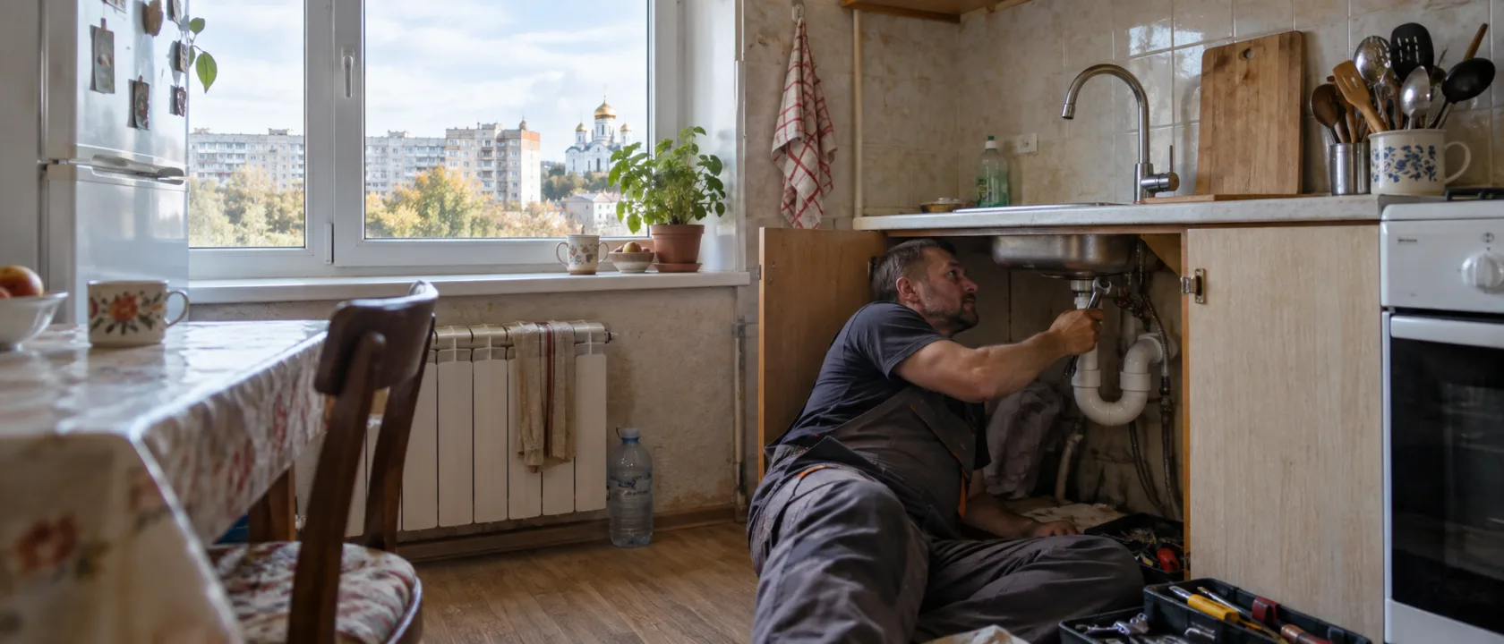 Мастер фиксирует новый смеситель на кухне, проверяя герметичность резьбовых соединений