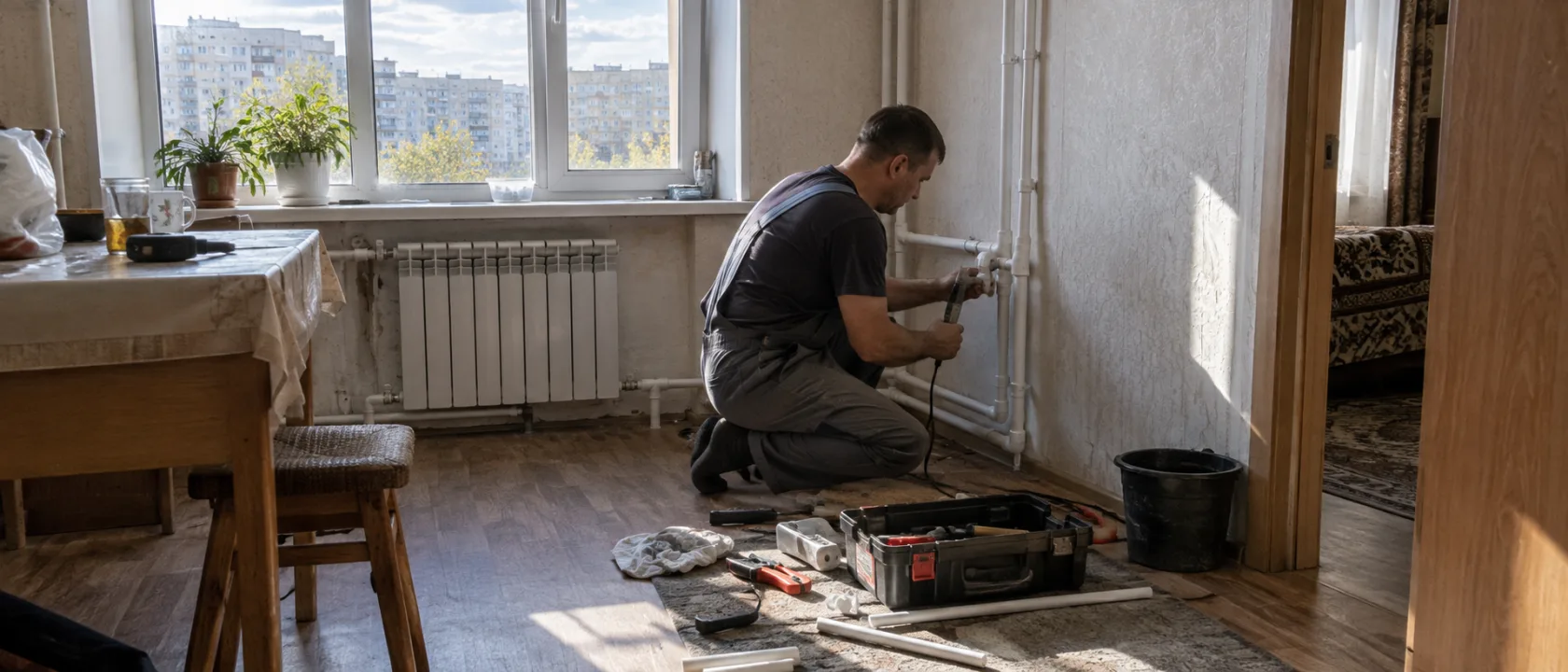 Мастер спаивает полипропиленовые трубы паяльником, контролируя температуру нагрева